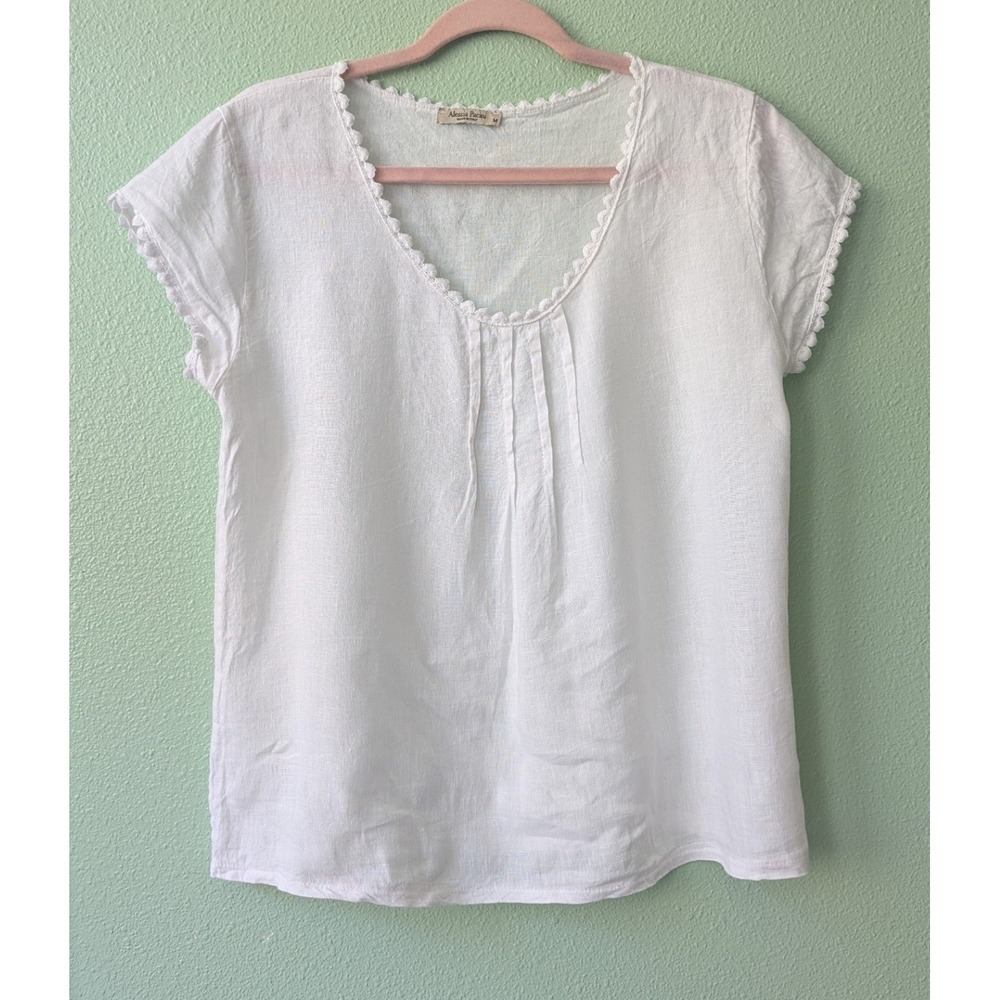 Alessia Pacini White 100% Linen Lace Trim Pintuck Blouse Made in Italy Size M